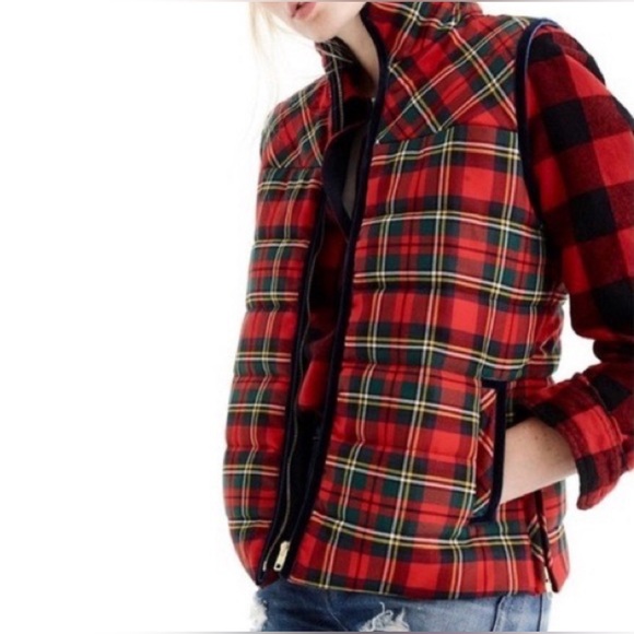 J. Crew Red Tartan Plaid Mountain Wool Blend Puffer Vest Velvet Trim- Size XS - Picture 1 of 14